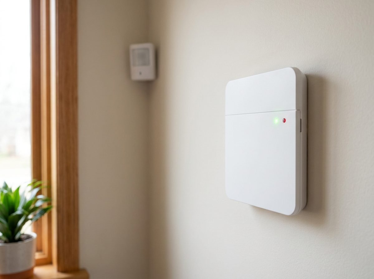 Central de alarme branca fixada na parede interna de uma casa, com o LED aceso, e sensor de presença instalado no alto da parede ao fundo