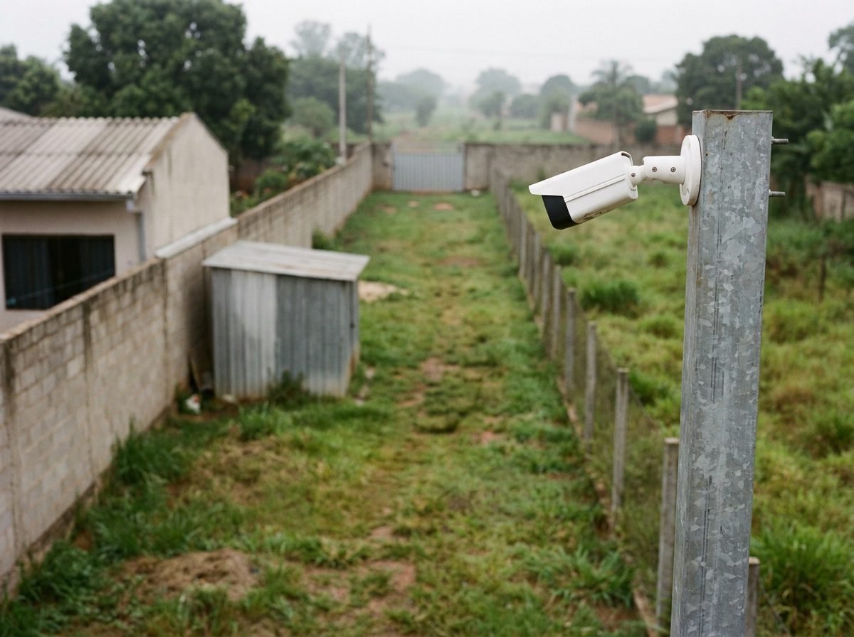 Câmera de segurança fixada em poste de aço, apontada ao longo de um quintal comprido em direção ao portão no fim do terreno