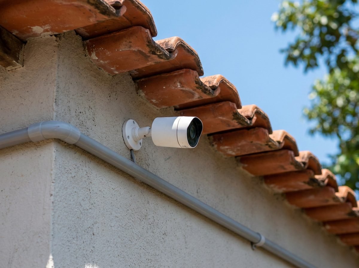 Câmera de segurança CFTV instalada na fachada de uma residência