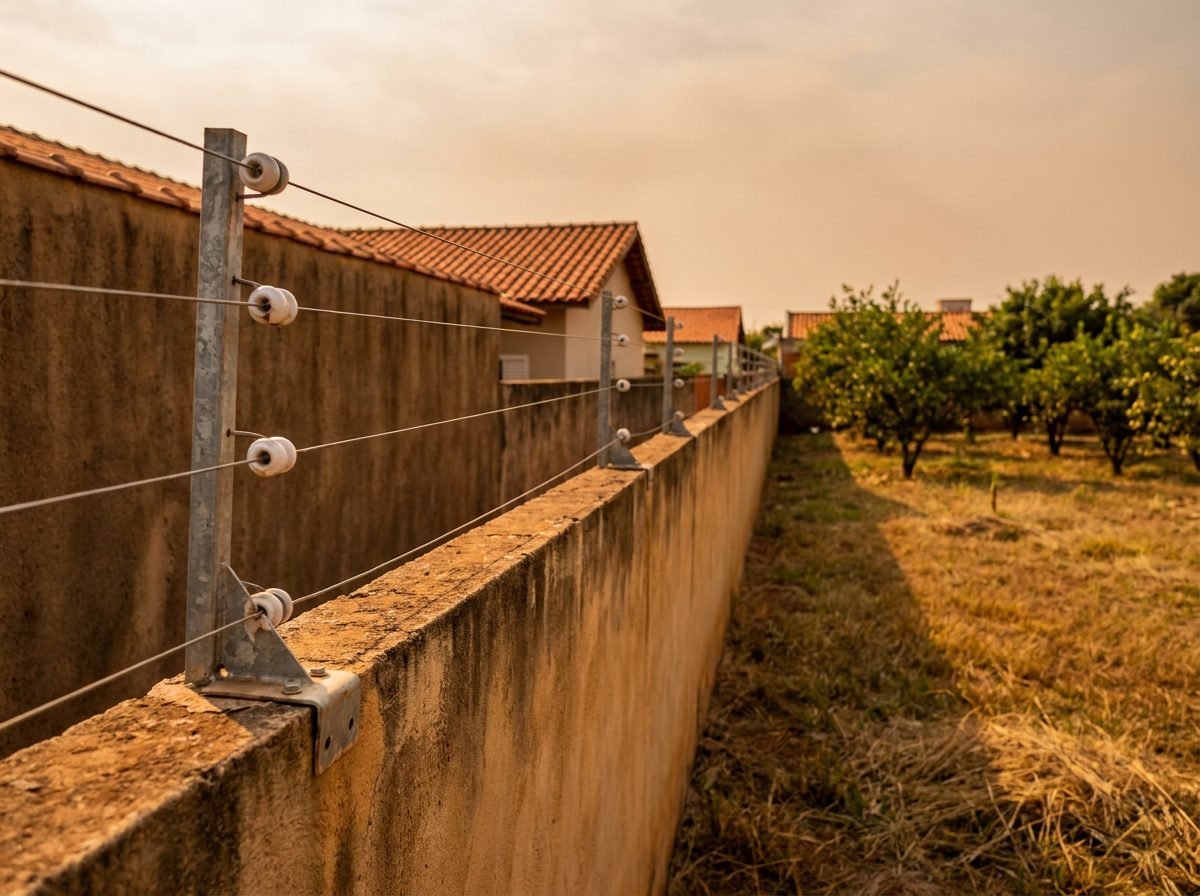 Cerca elétrica de quatro fios sobre muro comprido, com as hastes e os isoladores seguindo em linha até o fundo do terreno, ao lado de um pomar