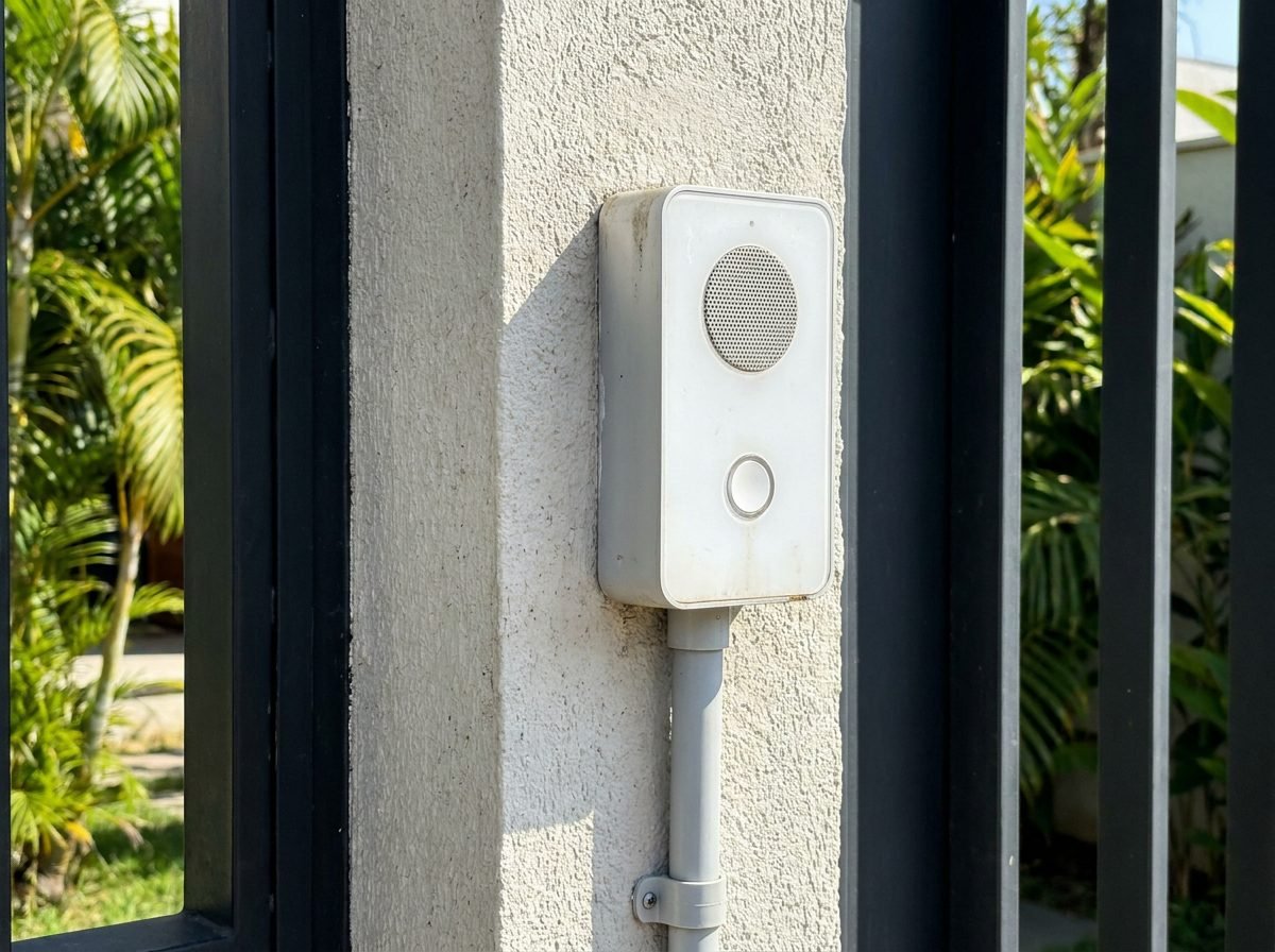 Interfone instalado na parede ao lado do portão de entrada de uma residência