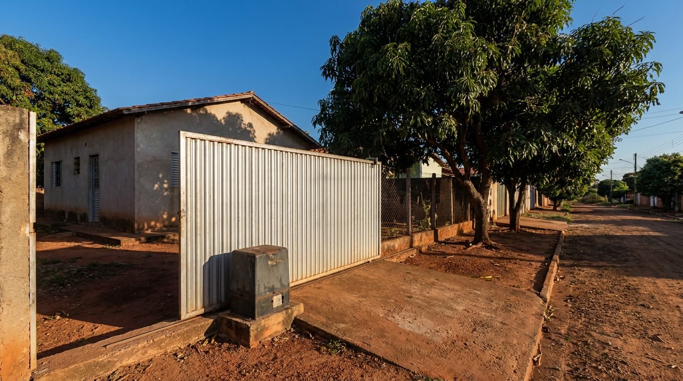 Portão eletrônico deslizante fechado na entrada de uma casa, com o motor instalado ao lado do trilho