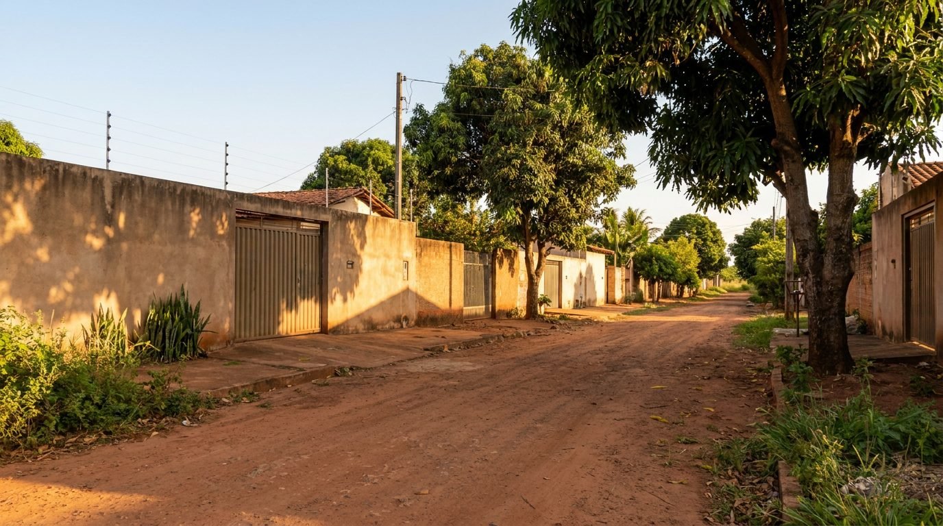 Frente de casa com muro comprido, fios de cerca elétrica no topo, câmera na quina e portão de correr
