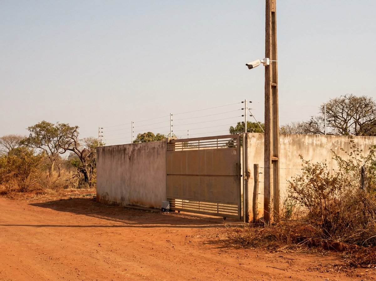 Entrada de chácara com portão de correr motorizado, câmera de segurança no poste e fios de cerca elétrica sobre o muro, ao lado de estrada de terra